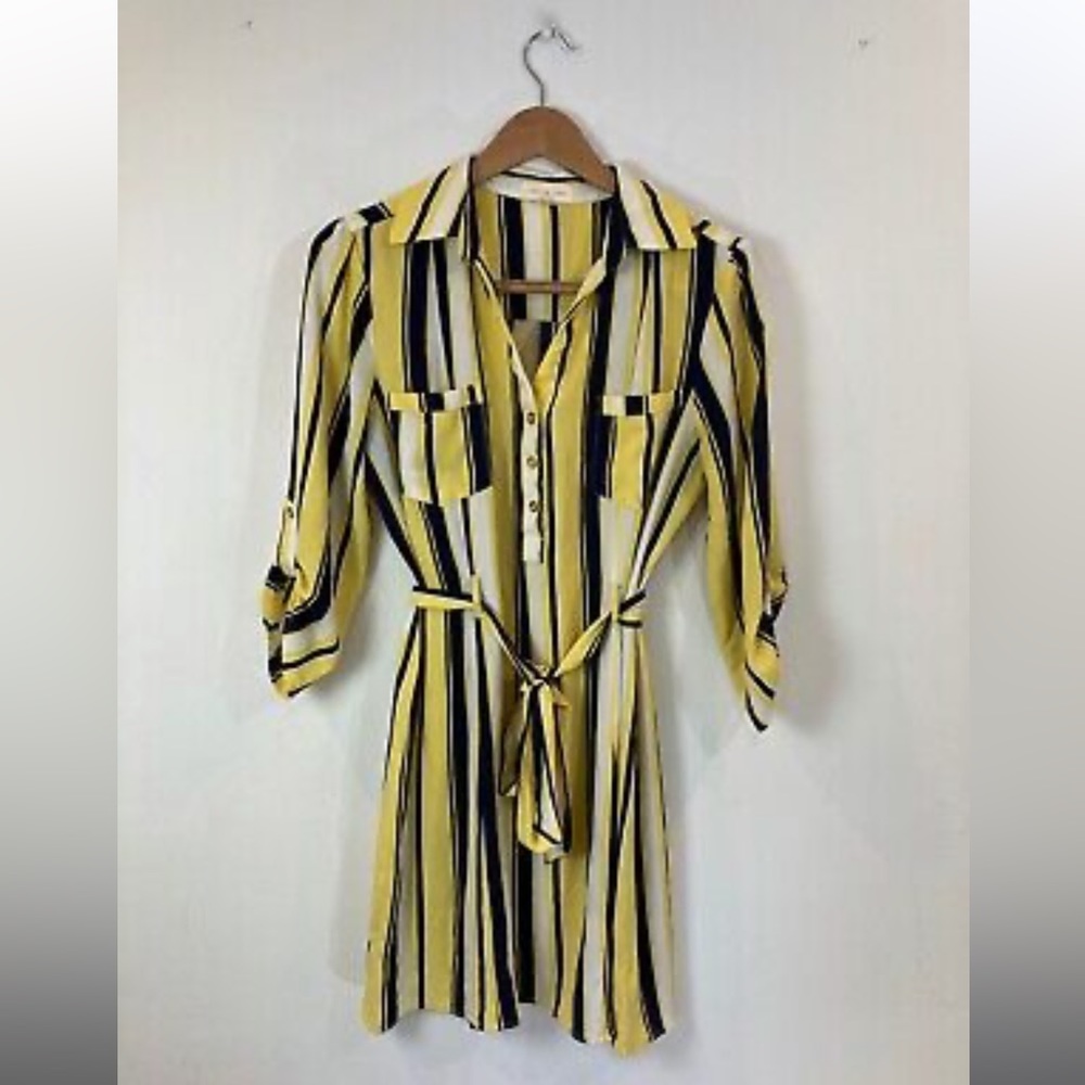 Urban Girl Shirt Dress Button Up Collared Yellow and Blue Stripe Dress, L